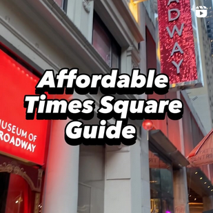 An instagram screenshot showing the exterior of the Museum of Broadway. Text laid over top reads "Affordable Times Square Guide."