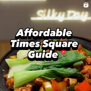 An instagram screenshot featuring a bowl of bok choy and other vegetables with a neon sign in the back reading "Silky Day". Text over top reads "Affordable Times Square Guide."