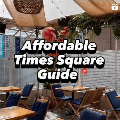 An instagram screenshot featuring a rooftop patio with flowers hanging from the tent-style roof. Text over top reads "Affordable Times Square guide."