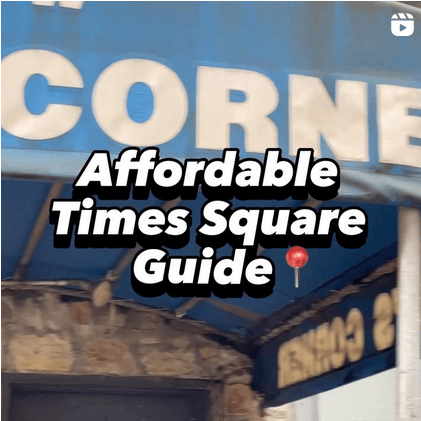 An instagram screenshot with a close-up videw of an old blue awning; visible text on the awning reads "CORNE," cut off from "CORNER." Text over top reads "Affordable Times Square Guide."