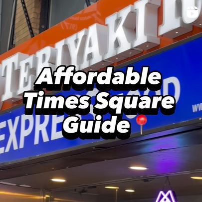 An instagram screenshot showing the exterior of Teriyaki R Us with text over top reading "Affordable Times Square Guide"