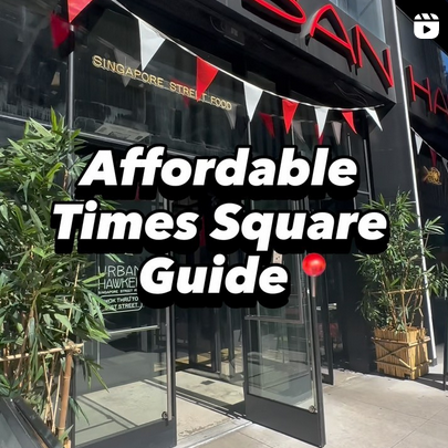 An instagram screenshot of the exterior of Urban Hawker food hall, with text over top reading "Affordable Times Square Guide"