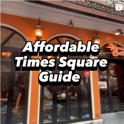 Instagram screenshot featuring the exterior of an orange restaurant with large windows; a sign in the corner reads "Havana Central." Text overtop reads "Affordable Times Square Guide."