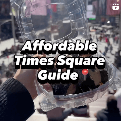 An instagram screenshot featuring a hand holding a plastic takeout container in front of a Times Square plaza. Text over top reads "Affordable Times Square Guide," partially obscuring the view of the seaweed-wrapped riceballs in the container.