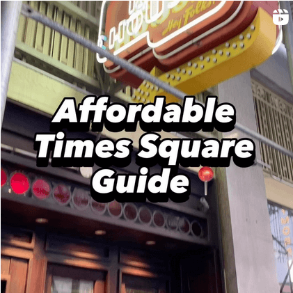 An instagram screenshot featuring an old-fashioned neon sign; most of the sign is cut off but the visible text seems to read "house." Text over top reads "Affordable Times Square Guide."