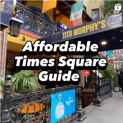 An instagram screenshot showing the exterior balconies and awning of Tito Murphy's, as well as the Irish and Mexican flags flown there. Text laid over top reads "Affordable Times Square Guide."