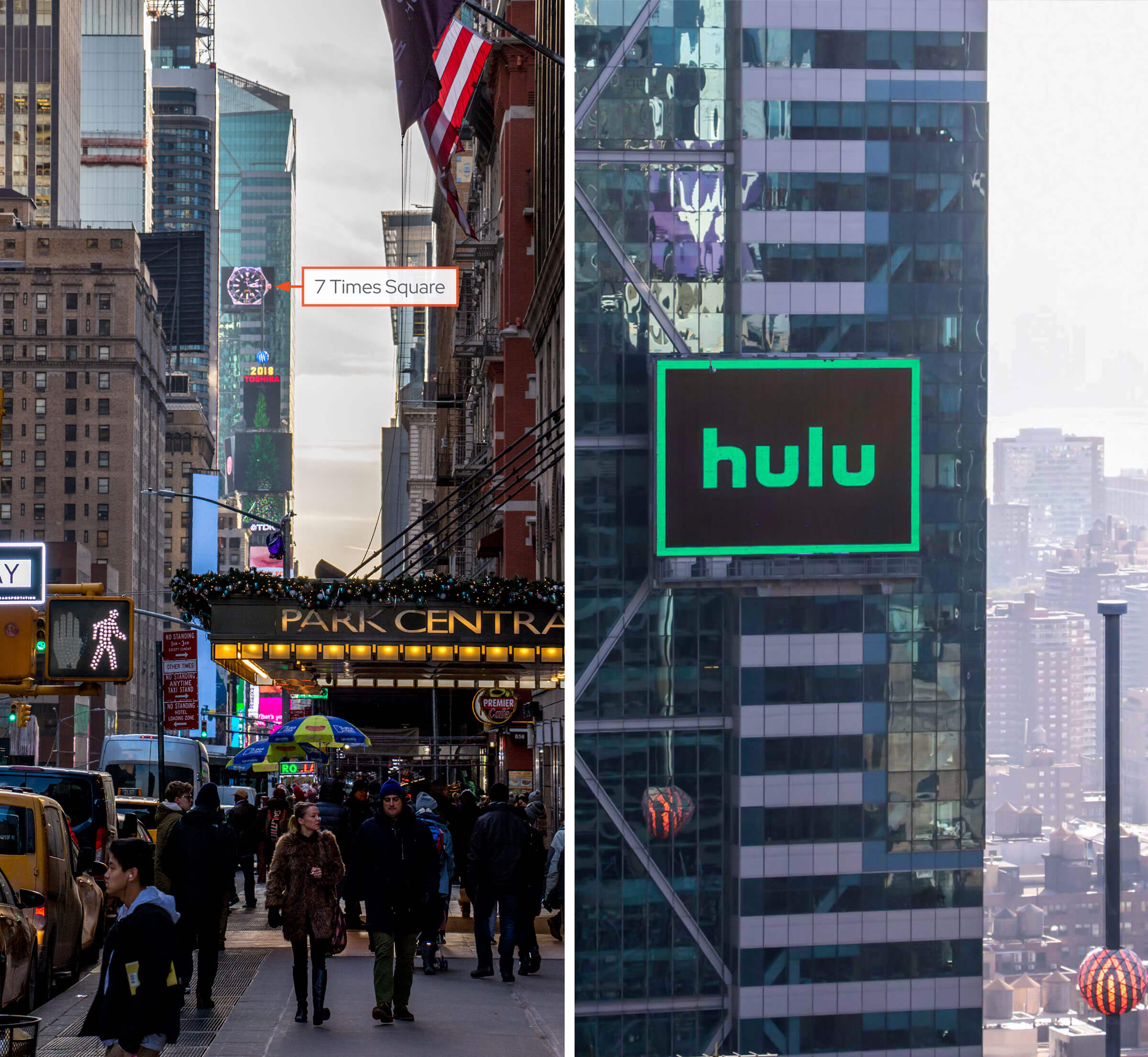 Two views of the screen atop 7 Times Square