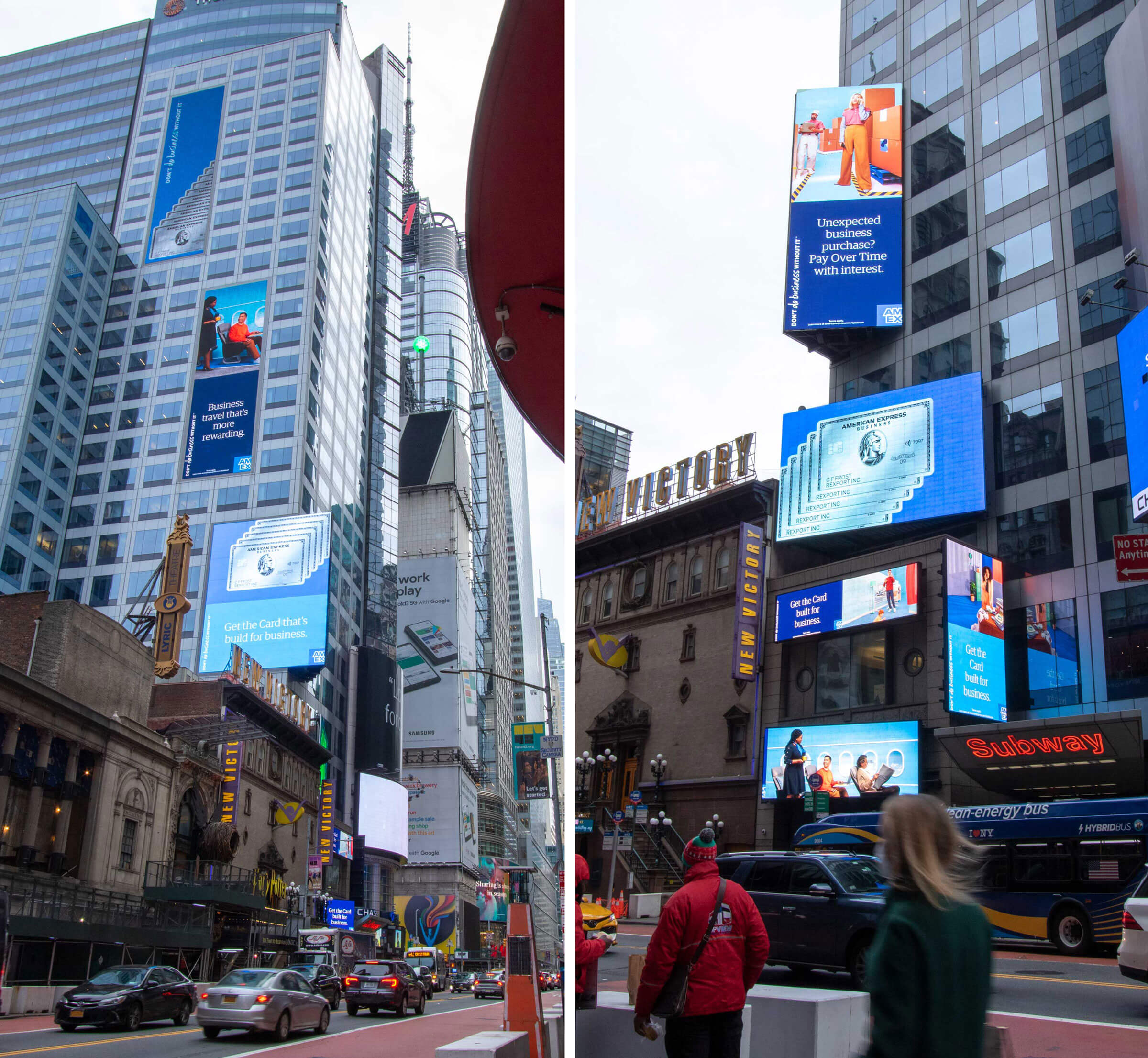 Two photos showing a variety of screens on the side of buildings