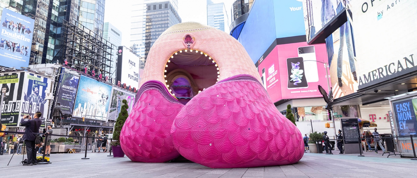 A Fountain for Survivors, a large, rounded pink sculpture, on Duffy Square