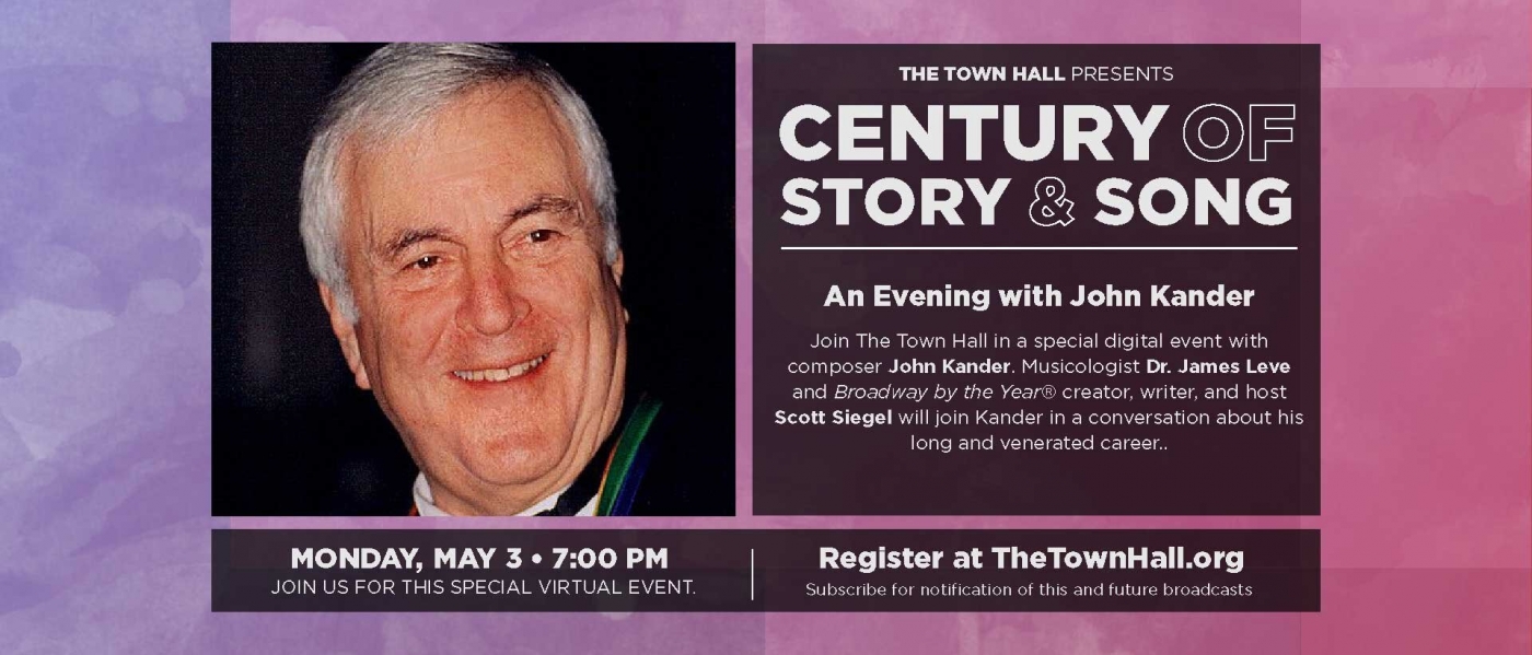 Photo of John Kander next to information about the May 3 event