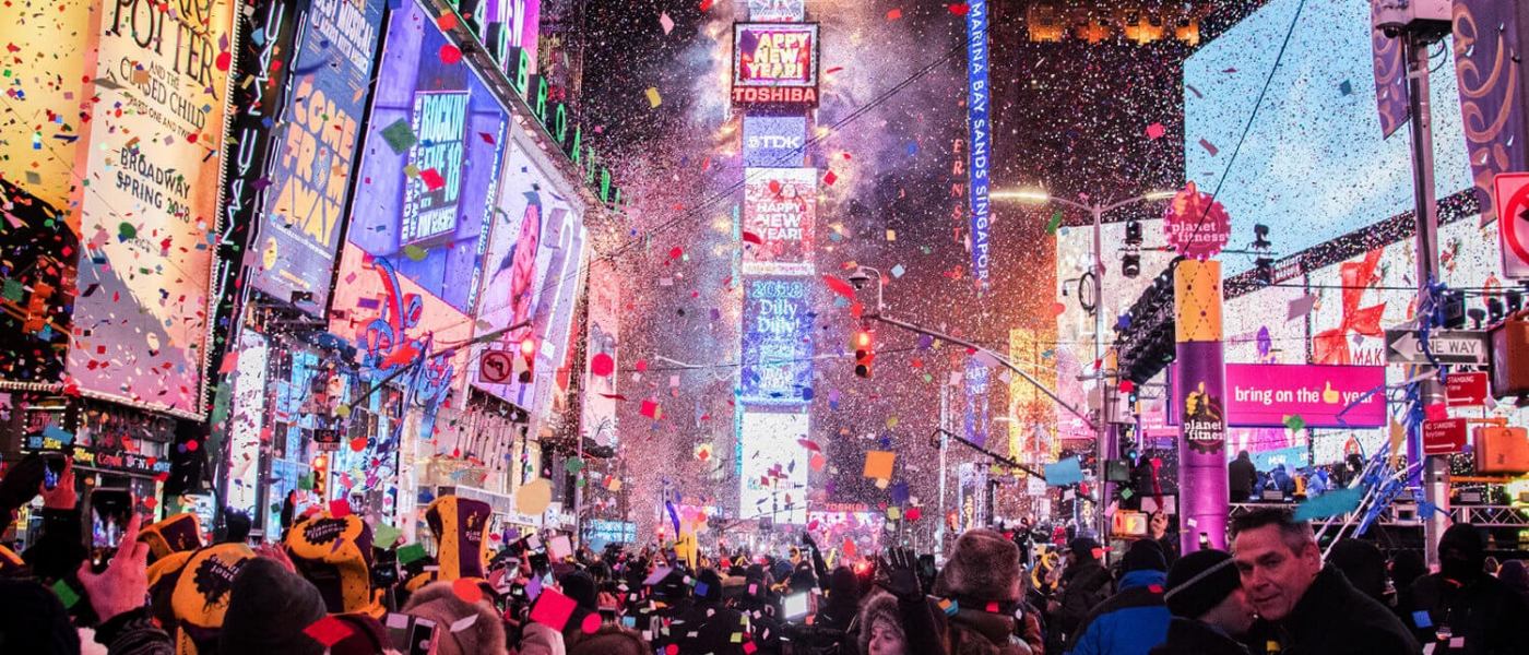 Revelers celebrating New Year's Eve in Times Square