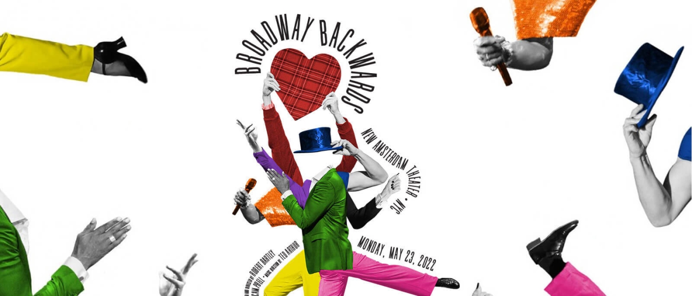 The poster for Broadway Backwards, featuring a vaguely person-shaped arrangement of arms and legs in brightly colored clothing; one holds a mic, one set of arms holds a heart, one holds a hat, several others gesture dramatically, and the legs are mid-dance move