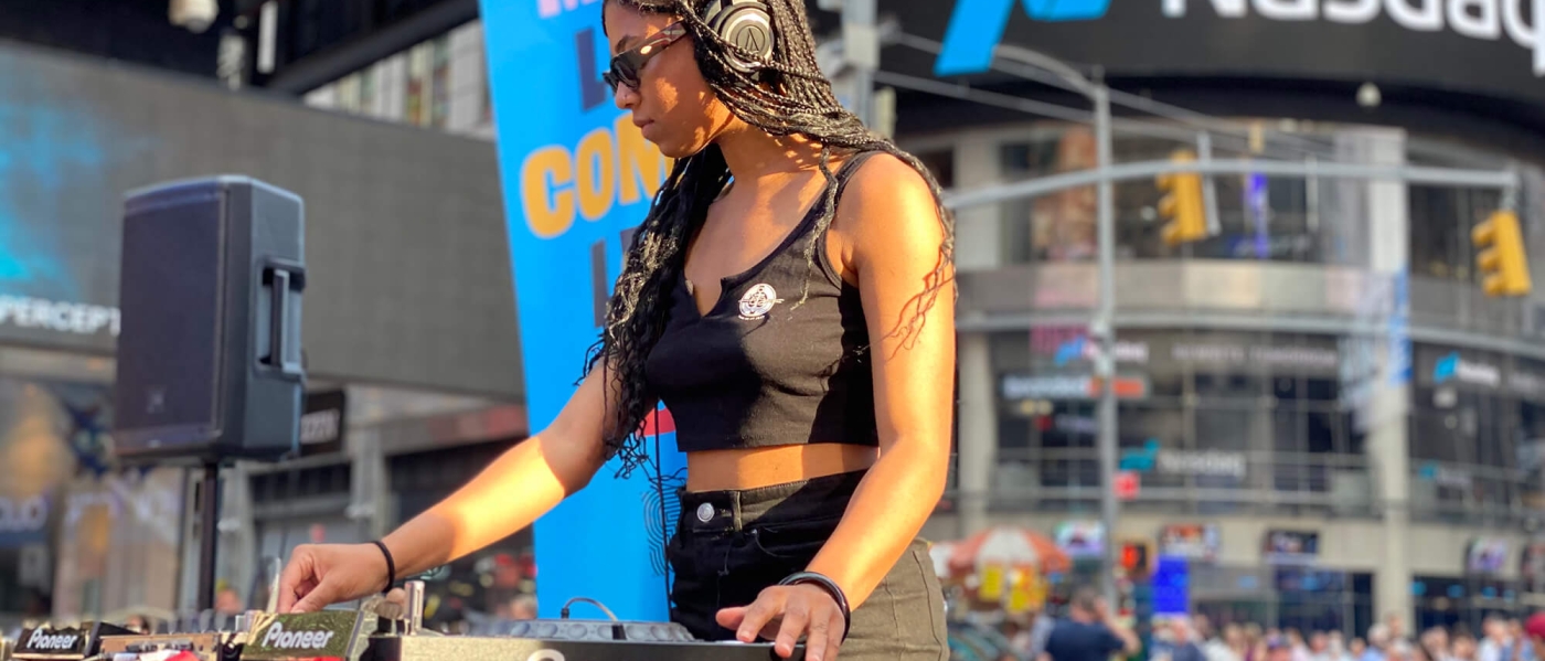 A DJ in Times Square on May 31