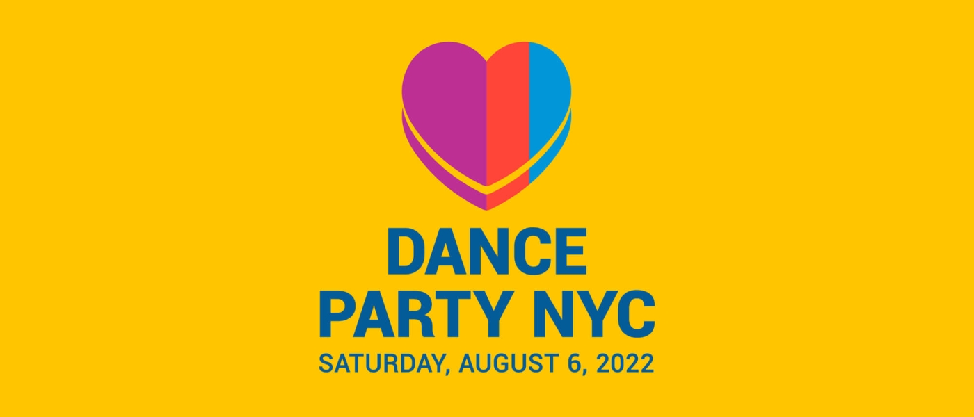 A multicolored heart on a yellow background, with text below reading "Dance Party NYC, Saturday, August 6, 2022"