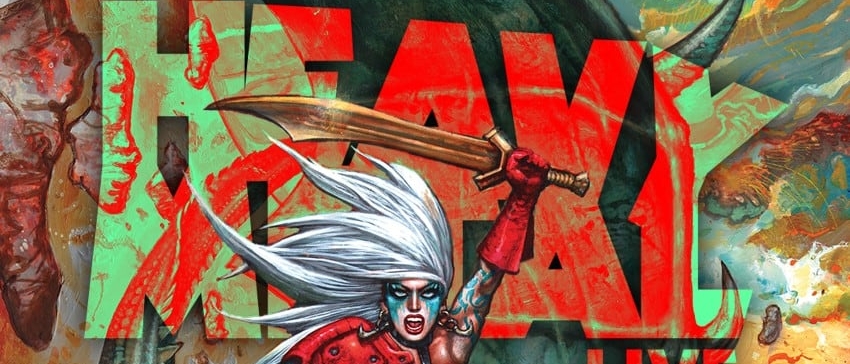 An illustration of a scantily-clad white-haired woman wielding a sword and riding a fictional creature, in front of stylized words reading "Heavy Metal Live"