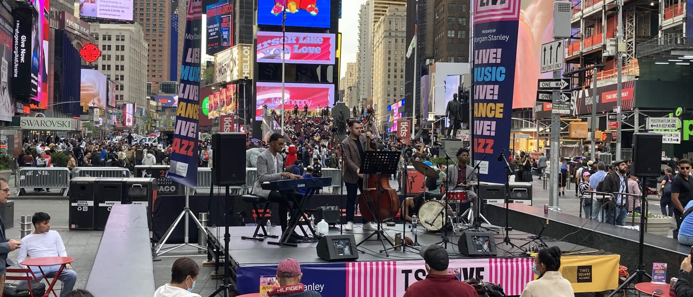 Alphonso Horne's Gotham Kings performing in Times Square to an audience