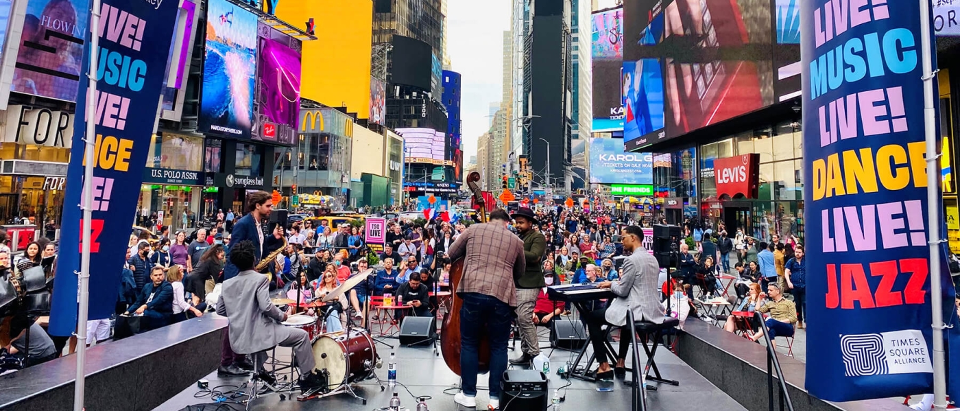 Alphonso Horne's Gotham Kings performing in Times Square to an audience as part of TSQ LIVE