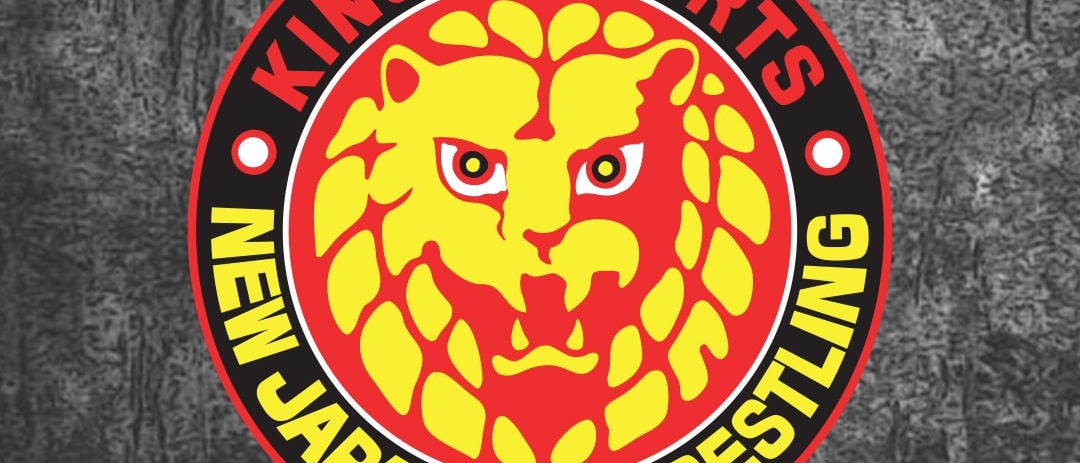 A logo with an illustrated yellow lion in the center of a circle, surrounded by words reading "New Japan Pro-Wrestling" and "King of Sports"