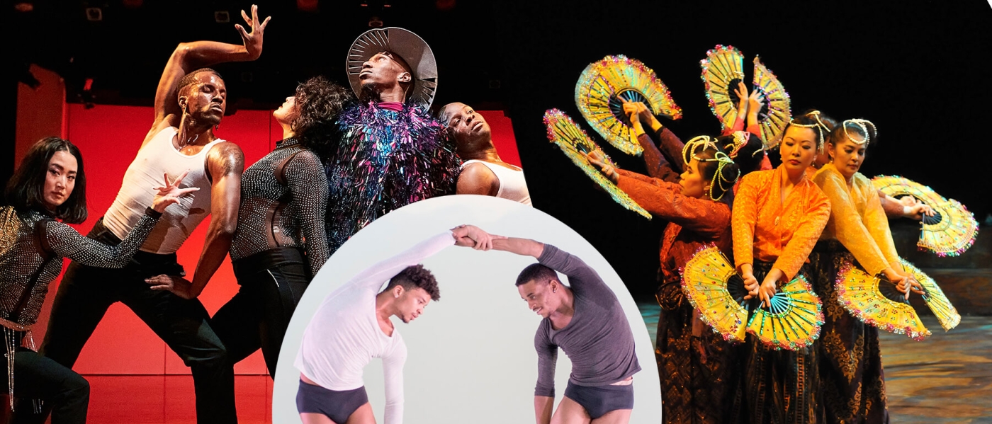 A collage of promotional images for 'New York is Burning' by Les Ballet Afrik, 'Legend of the Monkey and the Mermaid' by Kinding Sindaw, and 'What Lies Beneath' by Ballet Boy Productions