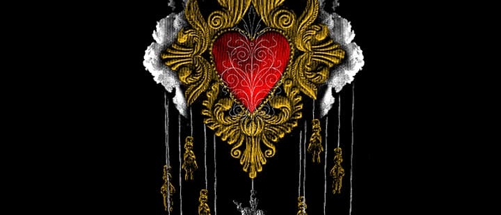 Illustration of an embellished heart with gold decorations around and items hanging down from it