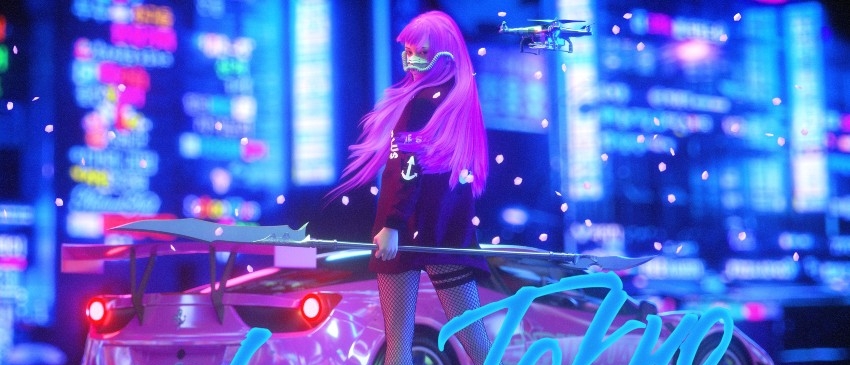 A costumed character with pink hair, a long bladed weapon, and a mask in front of a purple car. Words read "Neon Tokyo"