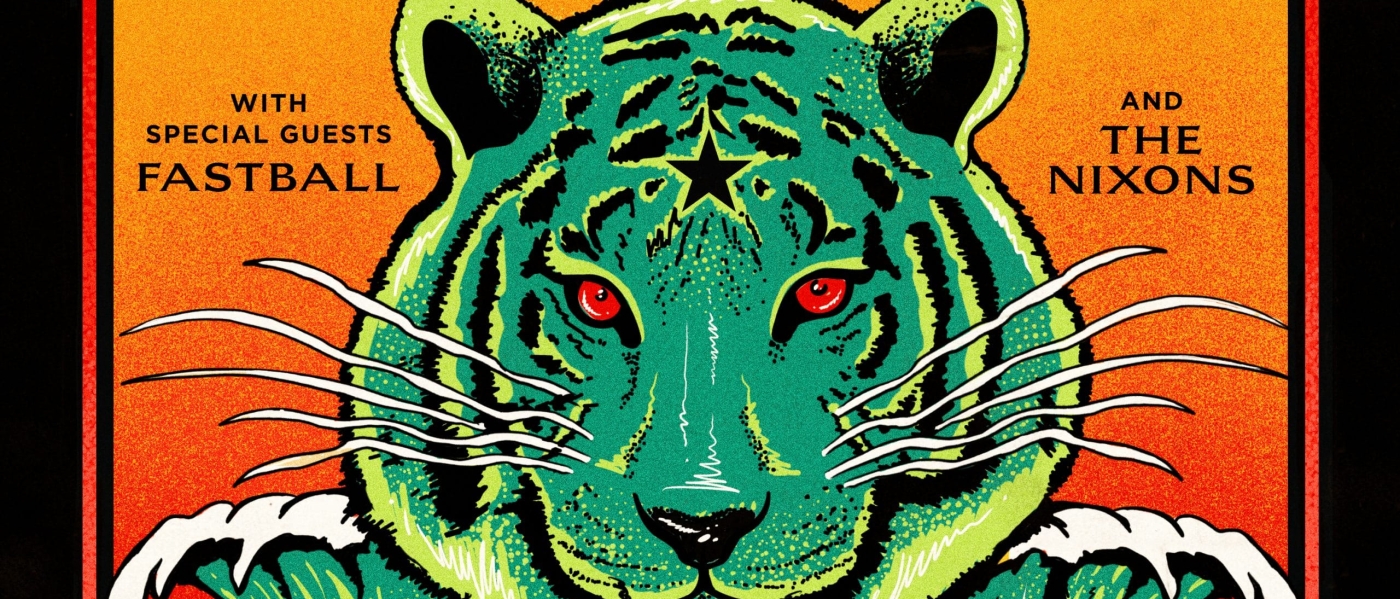 An illustration of a tiger atop cresting waves, with words reading "30th anniversary tour, Everclear with special guests Fastball and the Nixons"