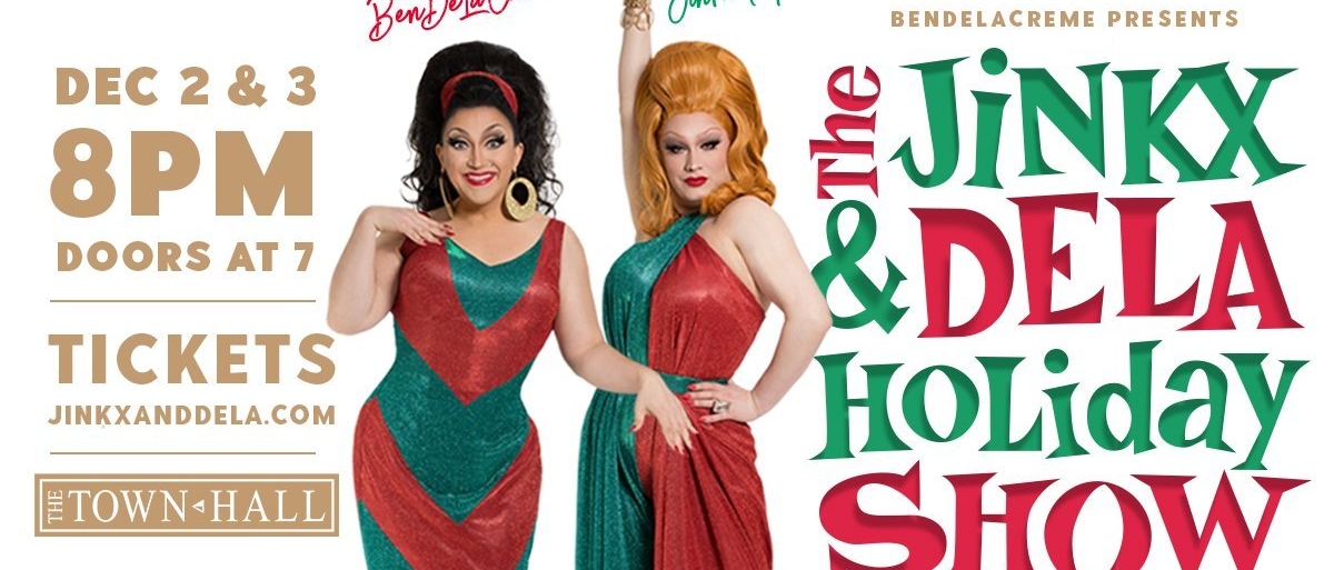 Drag queens BenDeLaCreme and Jinkx Monsoon posing in long red and green patterned dresses