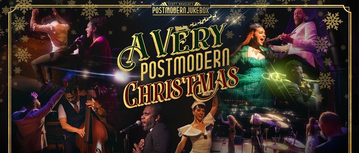 A graphic of different photos of Postmodern Jukebox performances, with the words "A Very Postmodern Christmas" laid atop