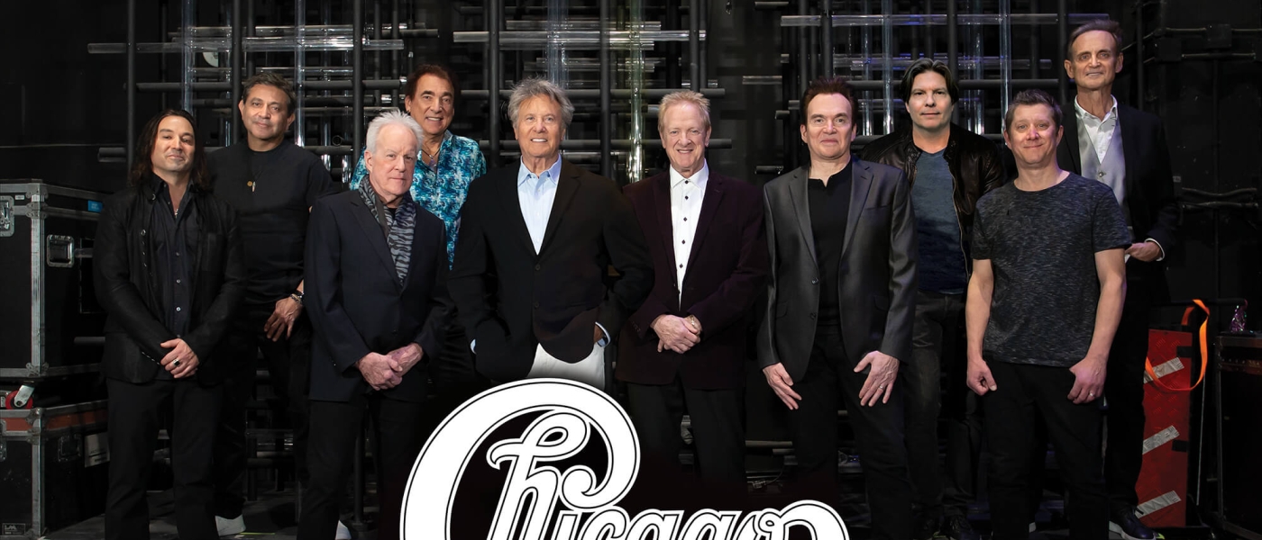 Members of the band Chicago, with their logo added to the image