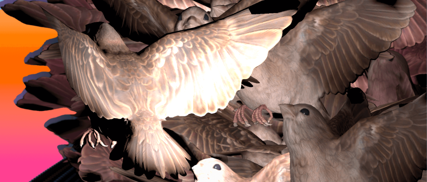A promotional image for Halcyon.exe: The Ride, showing overlapping computer-generated images of birds