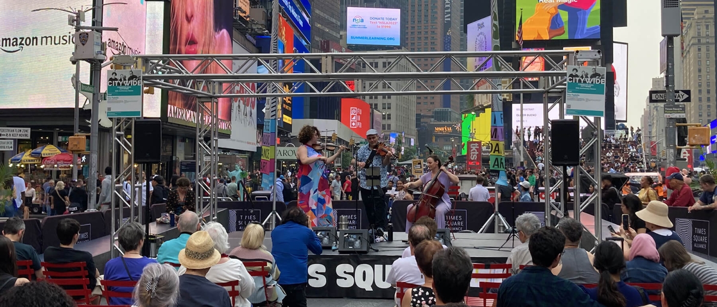 Trio Fadolin performing in Times Square as part of TSQ Live's series with Carnegie Hall