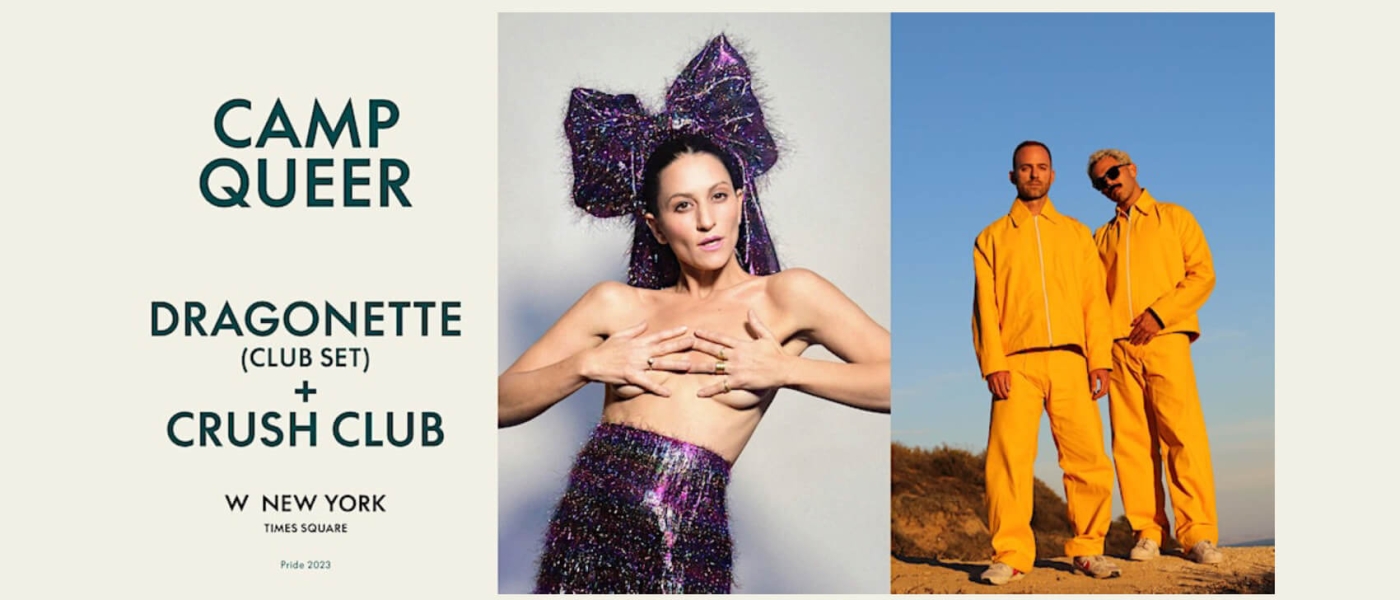 A photo of Dragonette in a shimmery multi-colored skirt with a massive bow of the same material on her head and her hands covering her breasts, next to a photo of the two members of Crush Club in the desert wearing orange jackets and pants