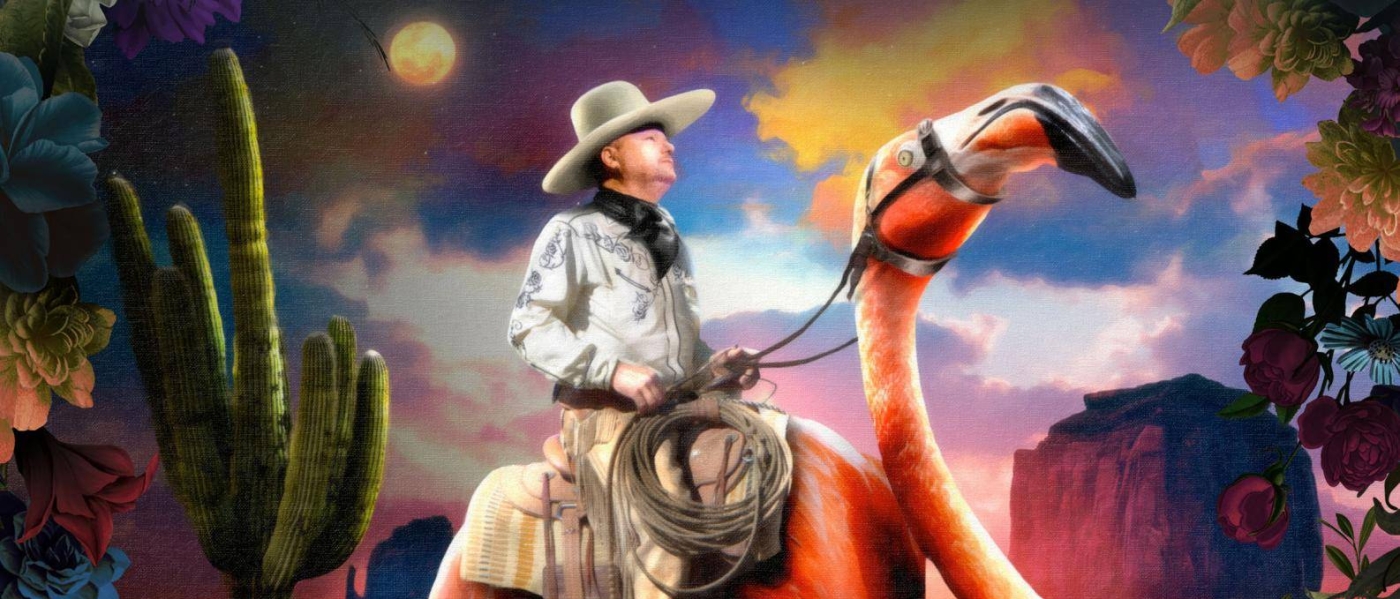 Christopher Cross riding a giant flamingo with cacti and geographic features in the background