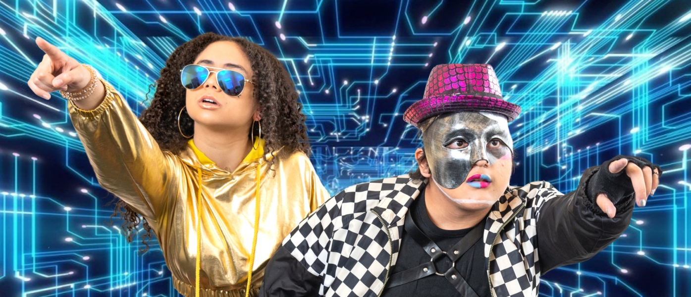A woman in sunglasses and a gold hoodie points in one direction. Another person in a silver mask and facepaint, wearing a checked jacket and a harness, points in a different direction. Behind them is a glowing cybernetic pattern