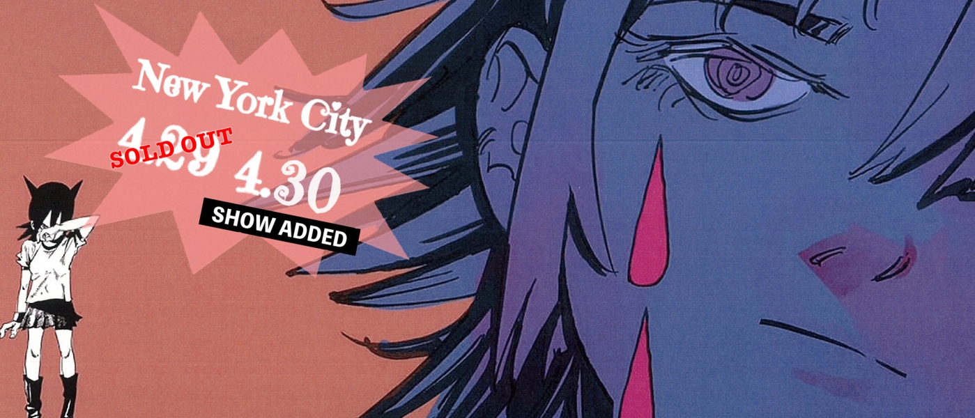 A blue-hued manga-style image of an expressionless woman crying next to text reading "RADWIMPS North American Tour 2023"