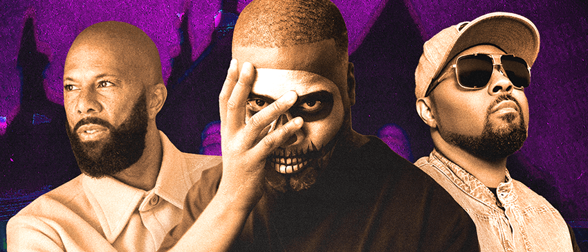 Robert Glasper with skull makeup and images of Common and Musiq Soulchild