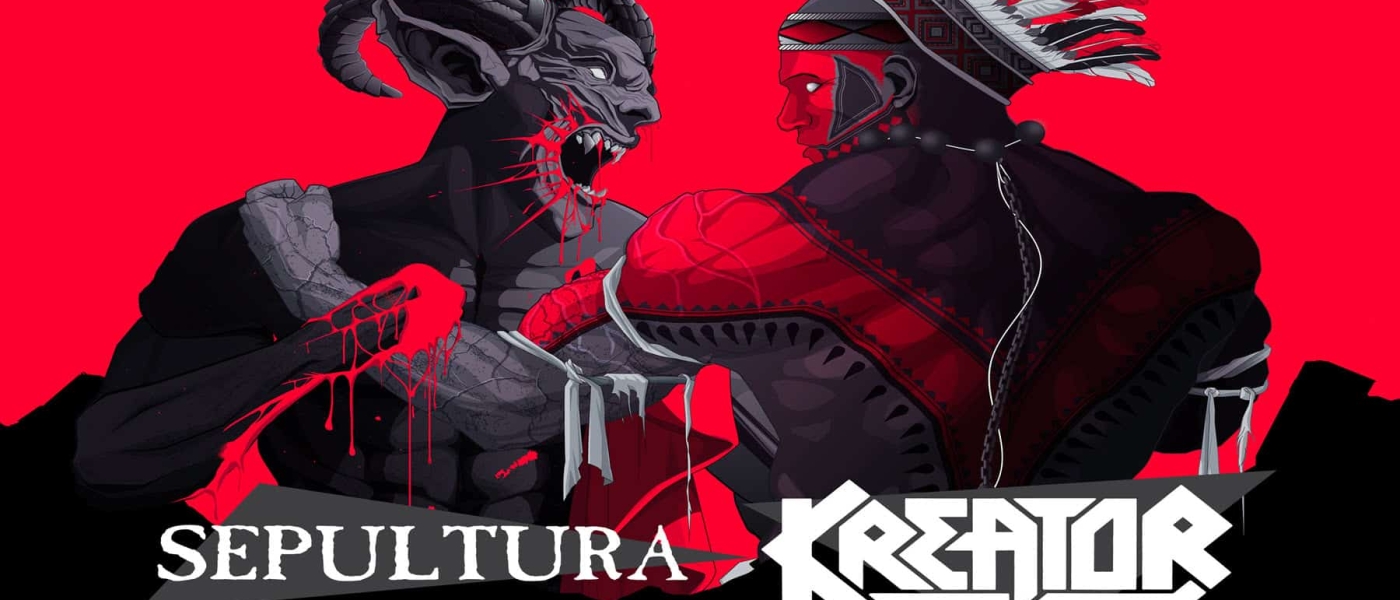 An illustration of a demon fighting a person in stereotypical Native American-inspired attire, along with text reading "Klash of the Titans North America 2023, Sepultura and Kreator plus special guests Death Angel, Spirit World."