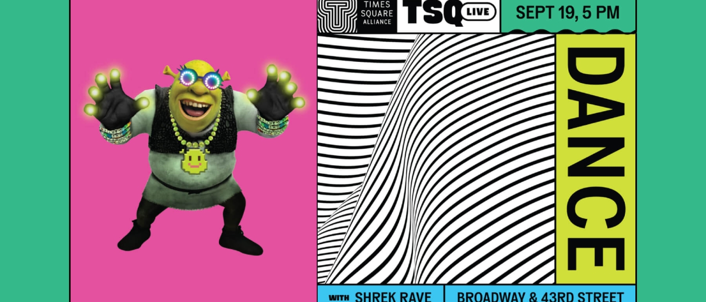 An image of Shrek decked out in rave gear next to information promotion TSQ Live: Shrek Rave on September 19