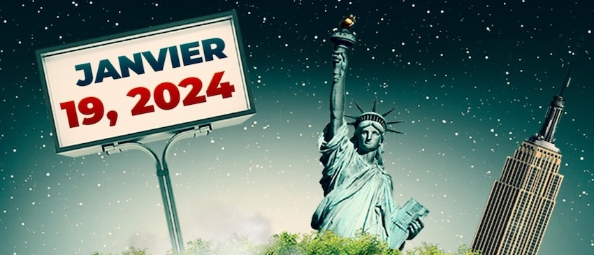 The Statue of Liberty and the Empire State Building next to a sign saying "Janvier 19, 2024"