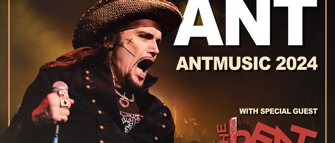 A promotional poster for the Antmusic 2024 tour, featuring a photo of Adam Ant on stage