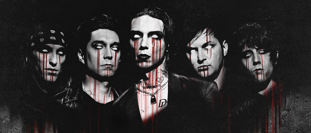 Promotional poster for Black Veil Brides featuring the band members with red trails photoshopped down their faces