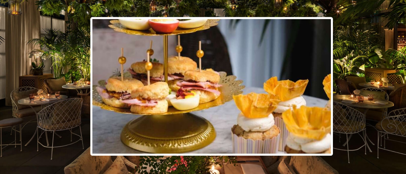 A picture of biscuit sandwiches, deviled eggs, and cupcakes overlaid atop an image of The Terrace and Outdoor Gardens