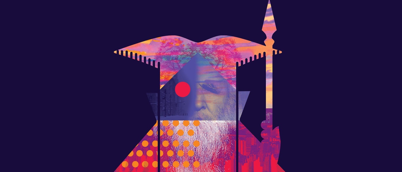 An almost abstract image collaged from textures and photos of suns, trees, buildings, and performer Moondog, all inside a shape that vaguely resembles a man holding a staff