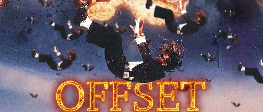 A photo of multiple versions of Offset falling from an exploding city in the sky
