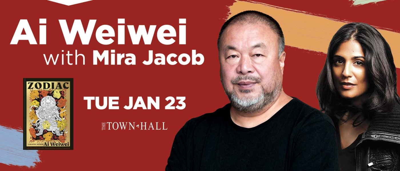 Photos of Ai Weiwei and Mira Jacob next to event information