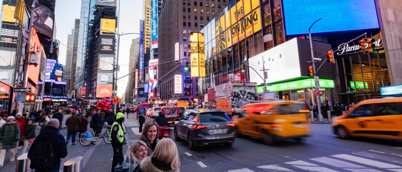 The streets, plazas, and buildings of Times Square in February 2024