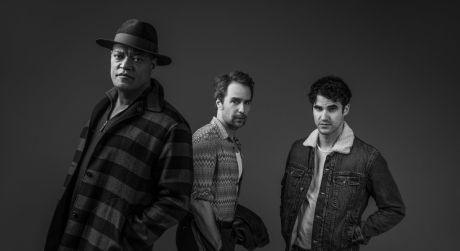American Buffalo promotional photo in black and white, featuring Laurence Fishburne, Sam Rockwell, and Darren Criss