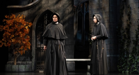 Amy Ryan and Zoe Kazan as nuns on stage in Doubt, in a courtyard set