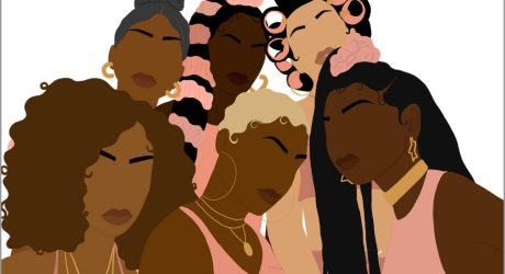 Vector images of Black women, with just eyebrows and mouths, in light pink shirts with a variety of hairstyles